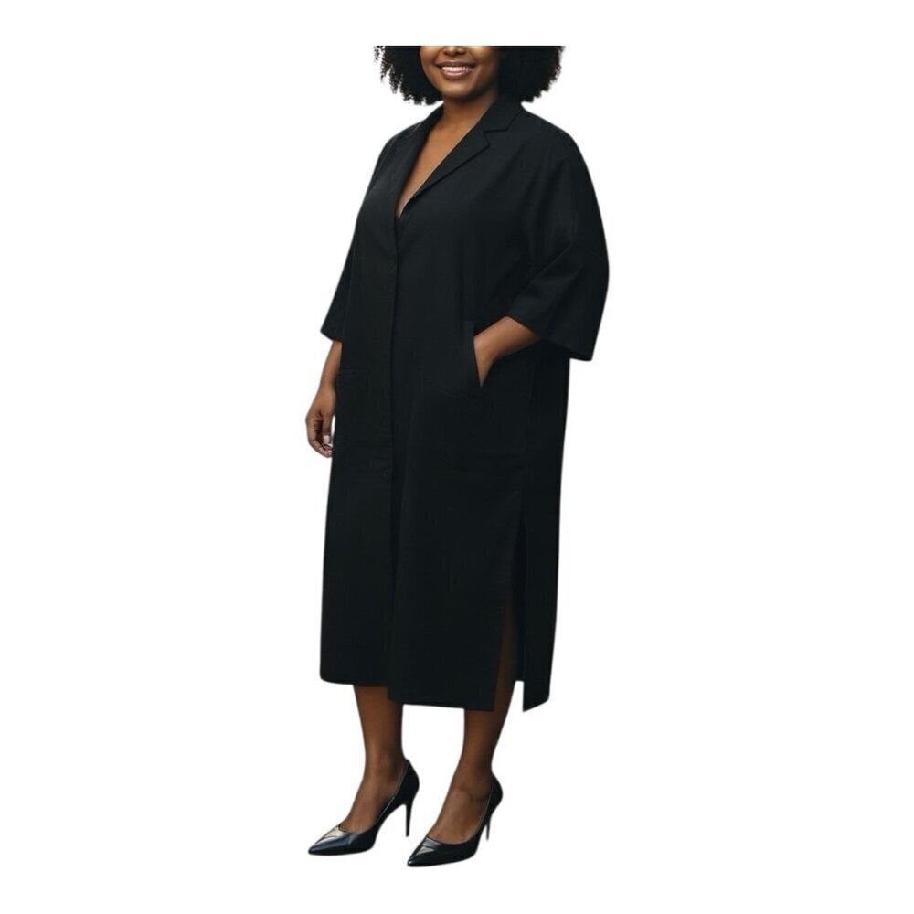 Terea By Andrea Pitter Black 100% Tencel Shirt Dress XXL MIDI 3/4 Sleeves Pocket
